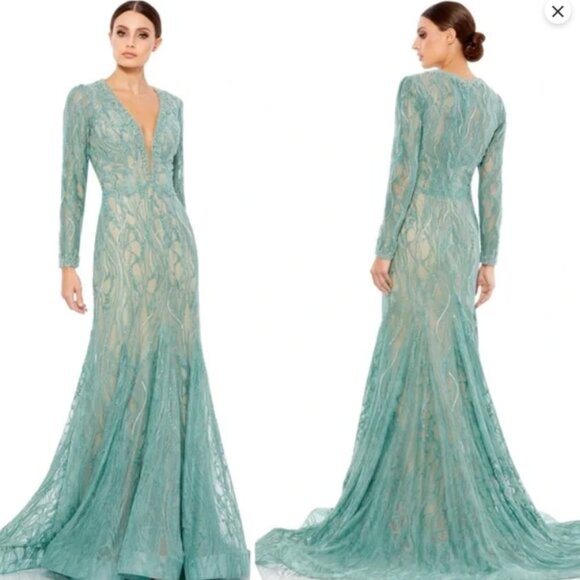 MAC DUGGAL 79291 LONG SLEEVE LACE BEADED MERMAID SAGE BALLGOWN DRESS sz 14 - Picture 3 of 3